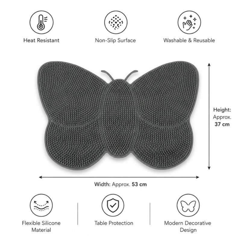 Organic silicone butterfly-shaped mat, measuring approximately 53 cm wide and 37 cm high, designed for bathroom use – Gray (37 x 53cm)