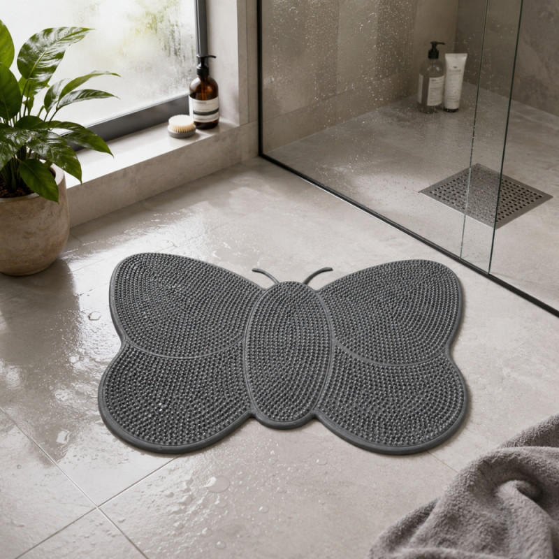 Organic silicone butterfly-shaped mat, measuring approximately 53 cm wide and 37 cm high, designed for bathroom use – Gray (37 x 53cm)