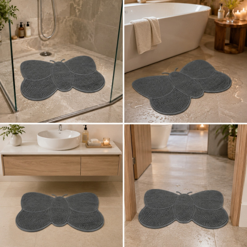 Organic silicone butterfly-shaped mat, measuring approximately 53 cm wide and 37 cm high, designed for bathroom use – Gray (37 x 53cm)