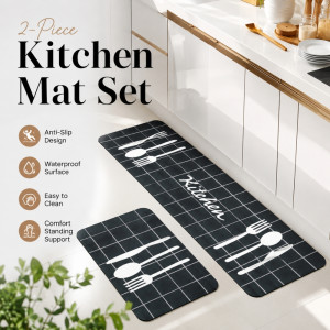 Eco-Conscious kitchen mats designed with a white utensil pattern and anti-fatigue properties – Black (120 xc 60cm)