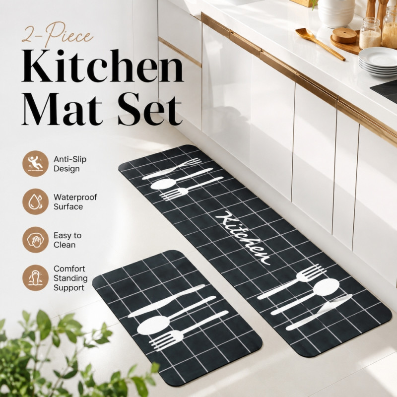 Eco-Conscious kitchen mats designed with a white utensil pattern and anti-fatigue properties – Black (120 xc 60cm)