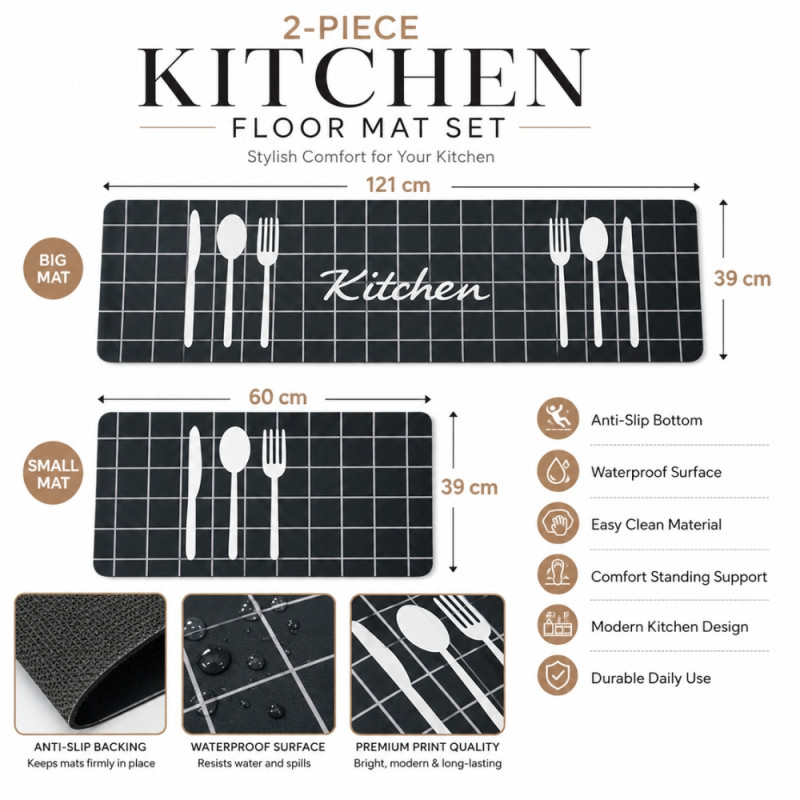 Eco-Conscious kitchen mats designed with a white utensil pattern and anti-fatigue properties – Black (120 xc 60cm)