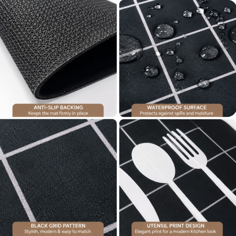 Eco-Conscious kitchen mats designed with a white utensil pattern and anti-fatigue properties – Black (120 xc 60cm)