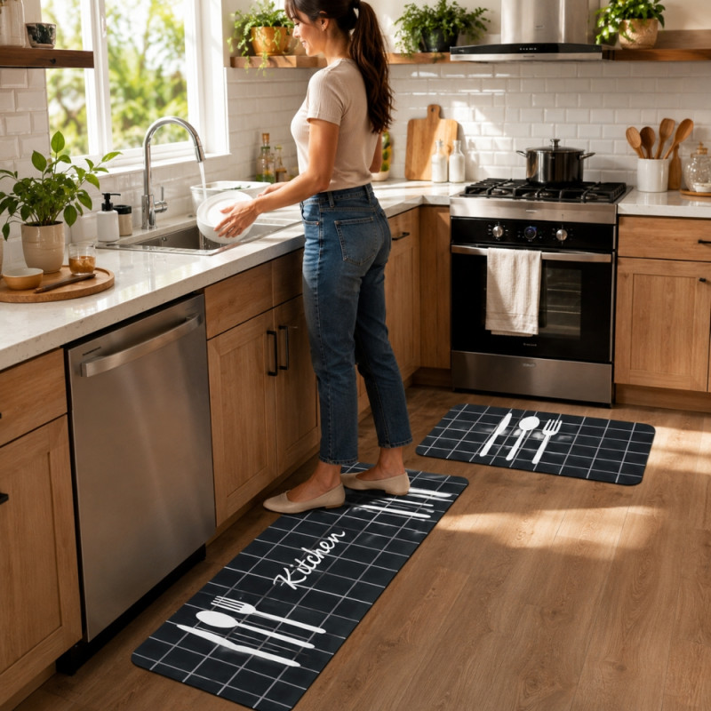 Eco-Conscious kitchen mats designed with a white utensil pattern and anti-fatigue properties – Black (120 xc 60cm)