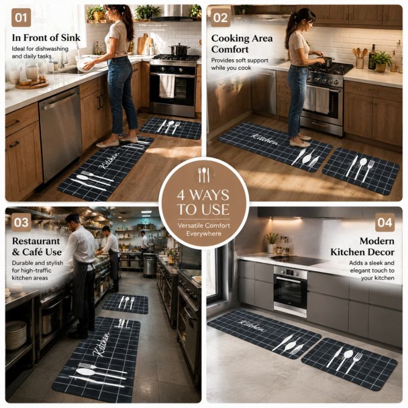Eco-Conscious kitchen mats designed with a white utensil pattern and anti-fatigue properties – Black (120 xc 60cm)