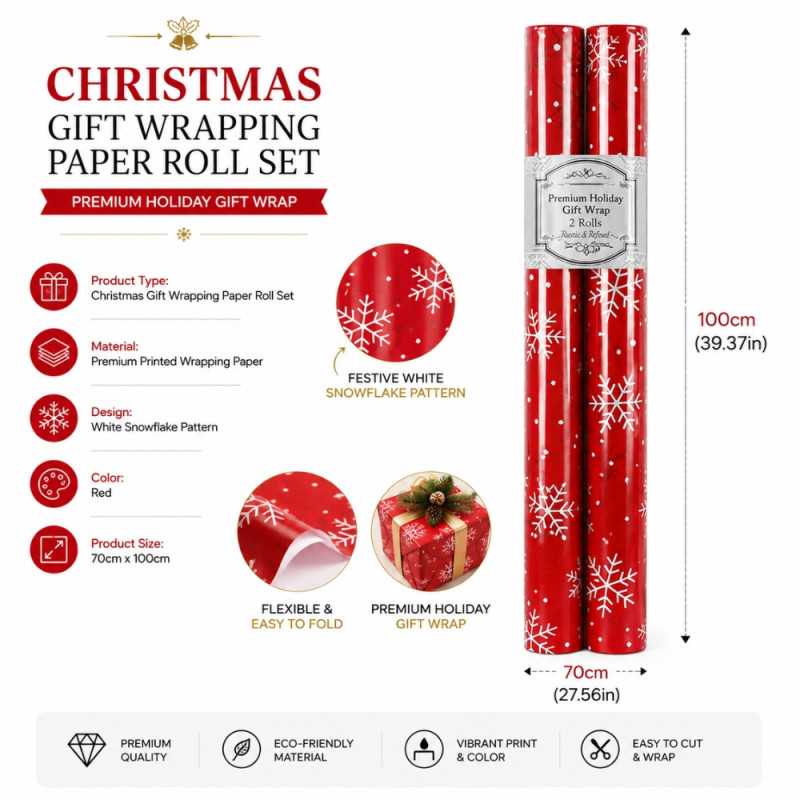 Premium Red Christmas Wrapping Paper – White Snowflake Pattern (70x100cm)