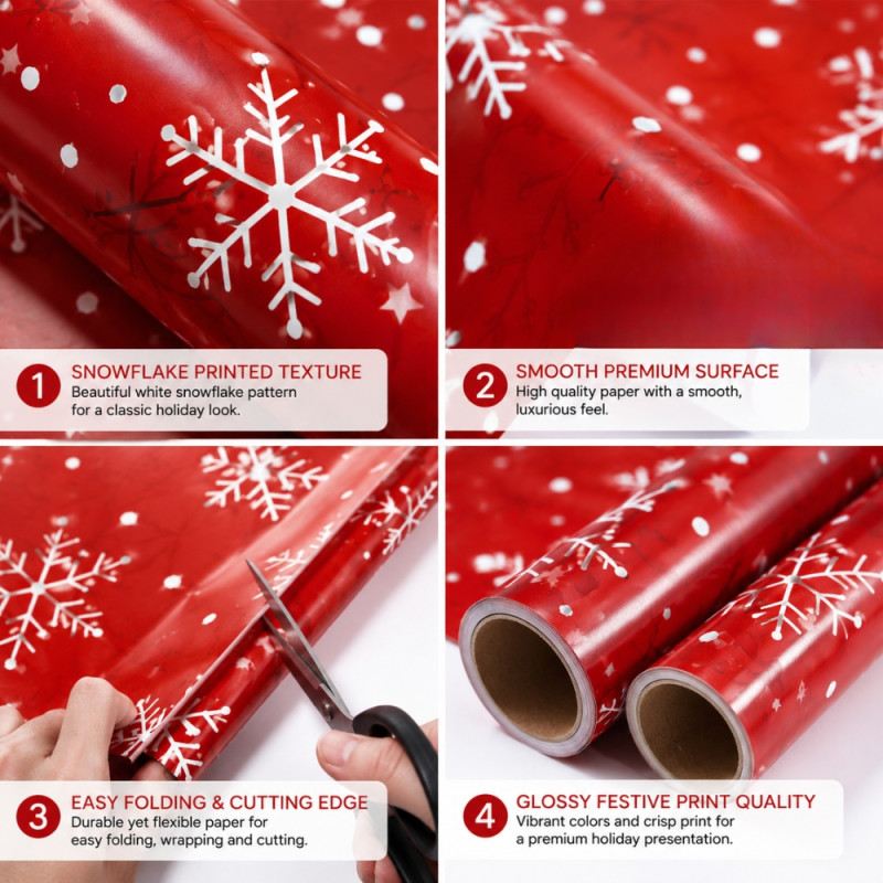 Premium Red Christmas Wrapping Paper – White Snowflake Pattern (70x100cm)