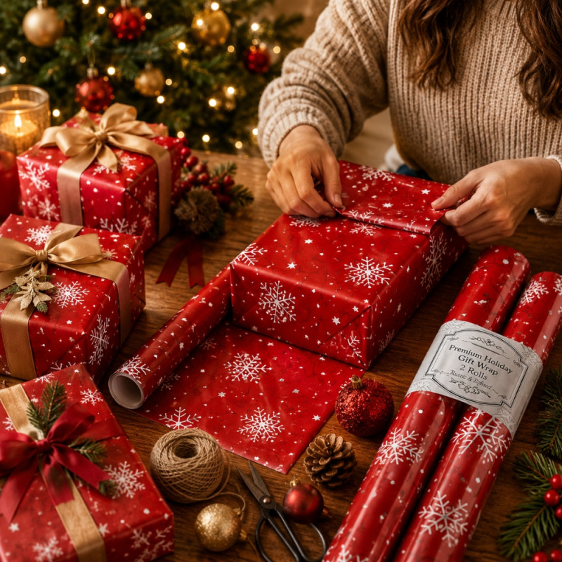 Premium Red Christmas Wrapping Paper – White Snowflake Pattern (70x100cm)