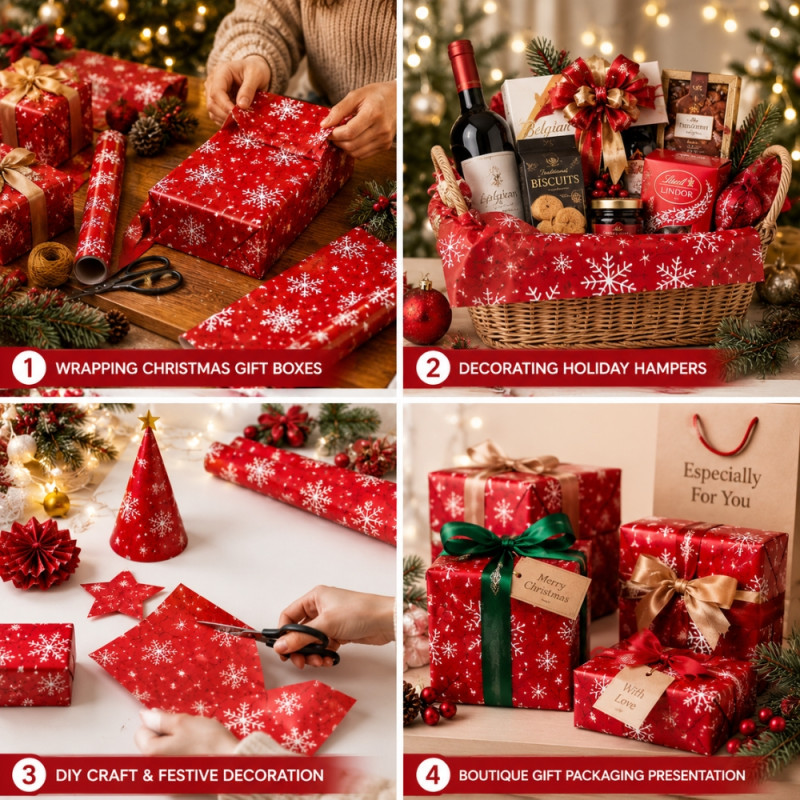 Premium Red Christmas Wrapping Paper – White Snowflake Pattern (70x100cm)