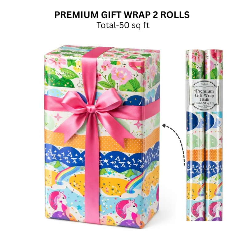 Premium 2-Roll Unicorn & Rainbow Gift Wrapping Paper Set – 50 Sq. Ft. (70x100cm)