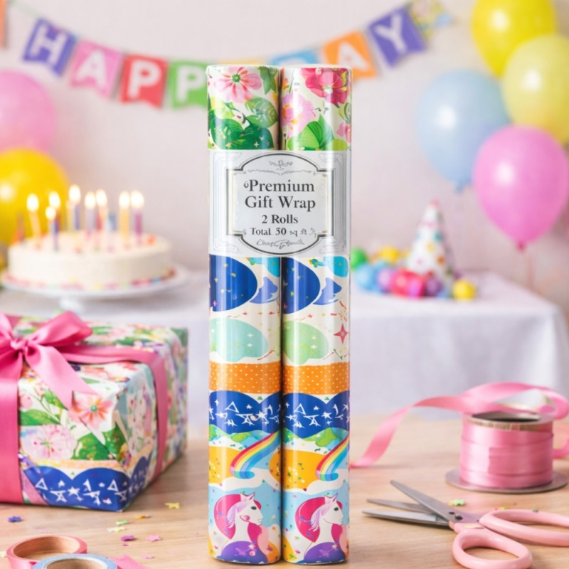 Premium 2-Roll Unicorn & Rainbow Gift Wrapping Paper Set – 50 Sq. Ft. (70x100cm)
