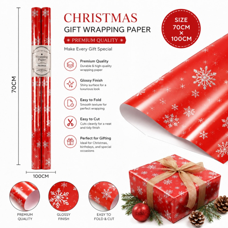 Red Christmas Gift Wrapping Paper Roll featuring a White Snowflake Design – 70cm x 100cm