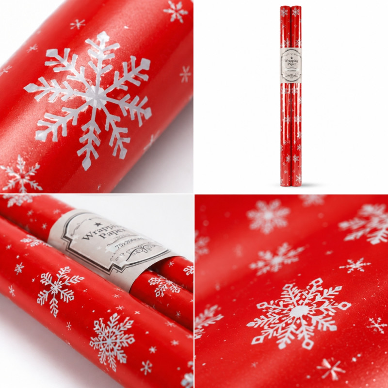 Red Christmas Gift Wrapping Paper Roll featuring a White Snowflake Design – 70cm x 100cm