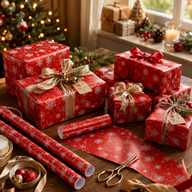 Red Christmas Gift Wrapping Paper Roll featuring a White Snowflake Design – 70cm x 100cm