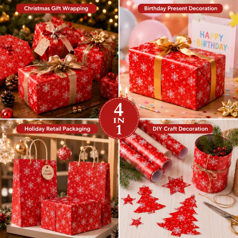Red Christmas Gift Wrapping Paper Roll featuring a White Snowflake Design – 70cm x 100cm