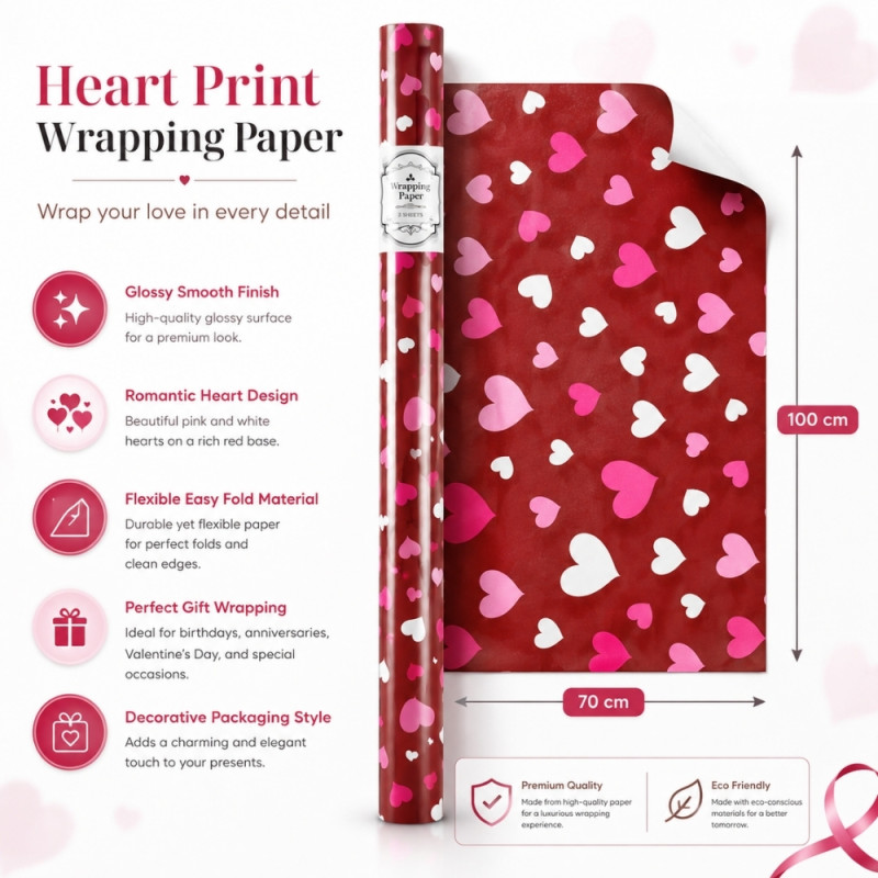 Luxury Romantic Red Heart Gift Wrapping Paper, Glossy Finish, 70cm x 100cm, Multi-Color