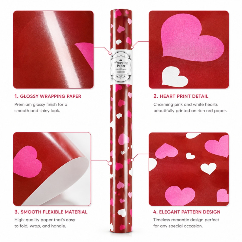 Luxury Romantic Red Heart Gift Wrapping Paper, Glossy Finish, 70cm x 100cm, Multi-Color