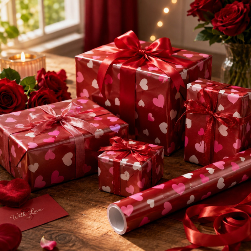 Luxury Romantic Red Heart Gift Wrapping Paper, Glossy Finish, 70cm x 100cm, Multi-Color
