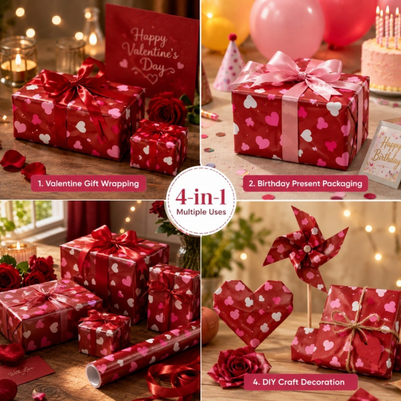 Luxury Romantic Red Heart Gift Wrapping Paper, Glossy Finish, 70cm x 100cm, Multi-Color