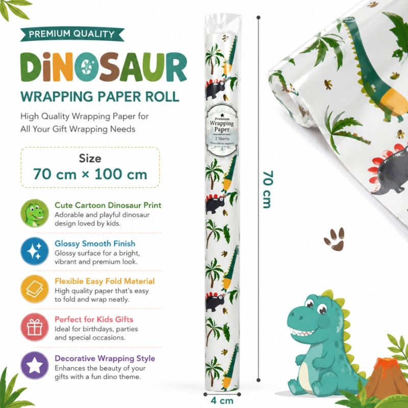 Premium Dinosaur Adventure Gift Wrap Roll | Glossy Finish, Child-Friendly Design | 70x100cm White & Green