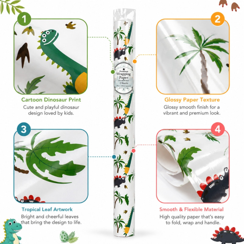 Premium Dinosaur Adventure Gift Wrap Roll | Glossy Finish, Child-Friendly Design | 70x100cm White & Green