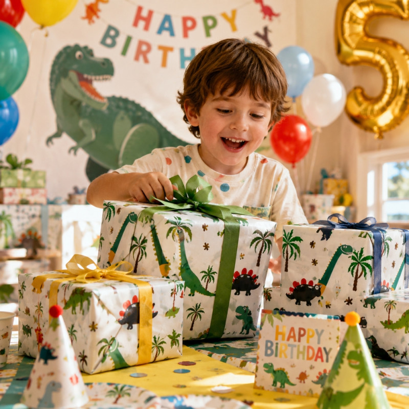 Premium Dinosaur Adventure Gift Wrap Roll | Glossy Finish, Child-Friendly Design | 70x100cm White & Green