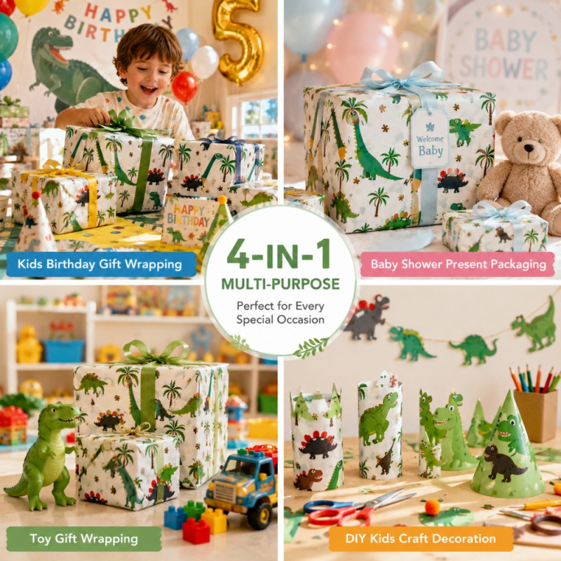 Premium Dinosaur Adventure Gift Wrap Roll | Glossy Finish, Child-Friendly Design | 70x100cm White & Green