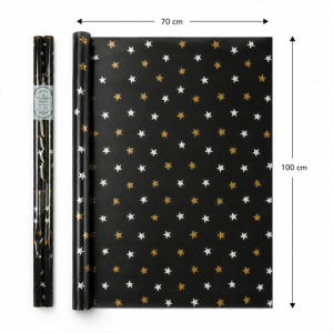 Black Gift Wrapping Paper Roll Featuring Metallic Gold and White Star Designs – 70x100cm – Black