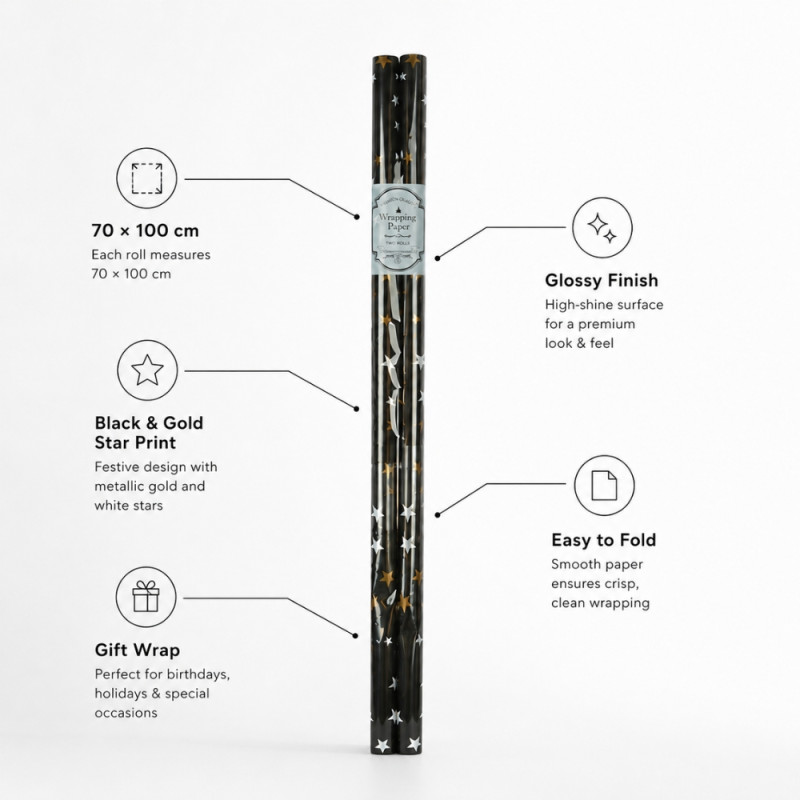 Black Gift Wrapping Paper Roll Featuring Metallic Gold and White Star Designs – 70x100cm – Black