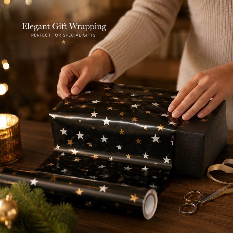 Black Gift Wrapping Paper Roll Featuring Metallic Gold and White Star Designs – 70x100cm – Black
