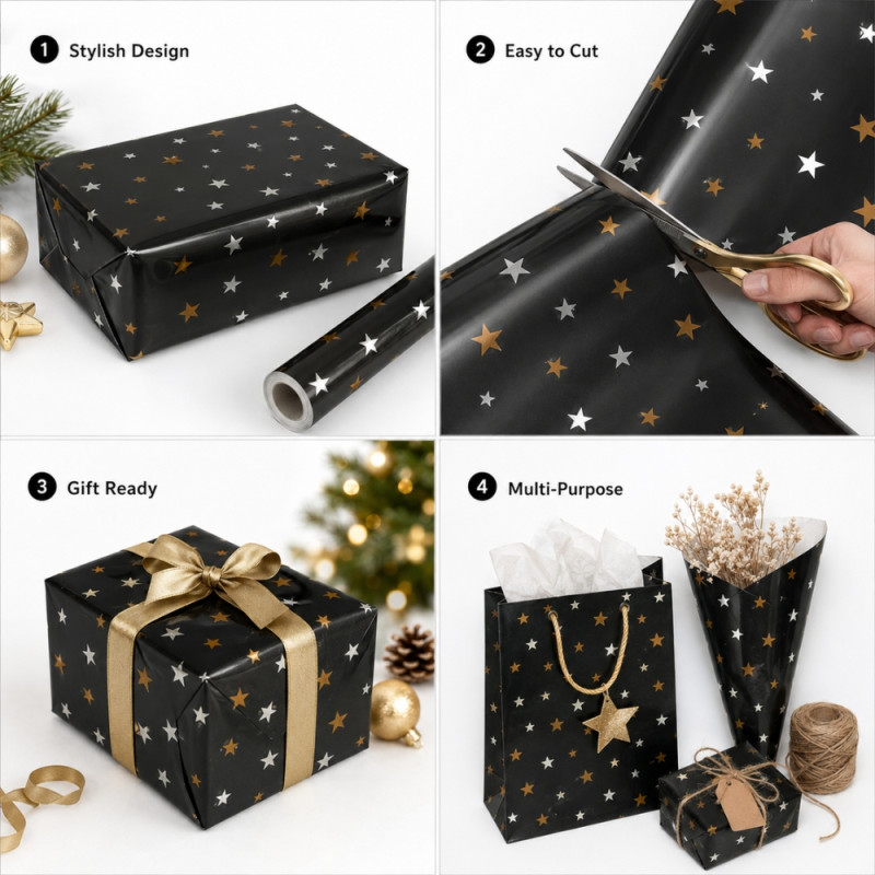 Black Gift Wrapping Paper Roll Featuring Metallic Gold and White Star Designs – 70x100cm – Black