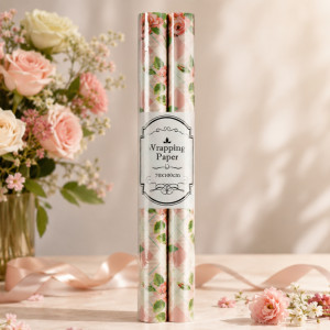 Decorative Rolls of Floral Wrapping Paper Featuring a Pink Rose Design on a Light Background – 70x100cm – Multi-Color