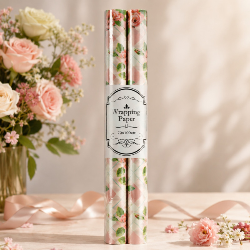 Decorative Rolls of Floral Wrapping Paper Featuring a Pink Rose Design on a Light Background – 70x100cm – Multi-Color