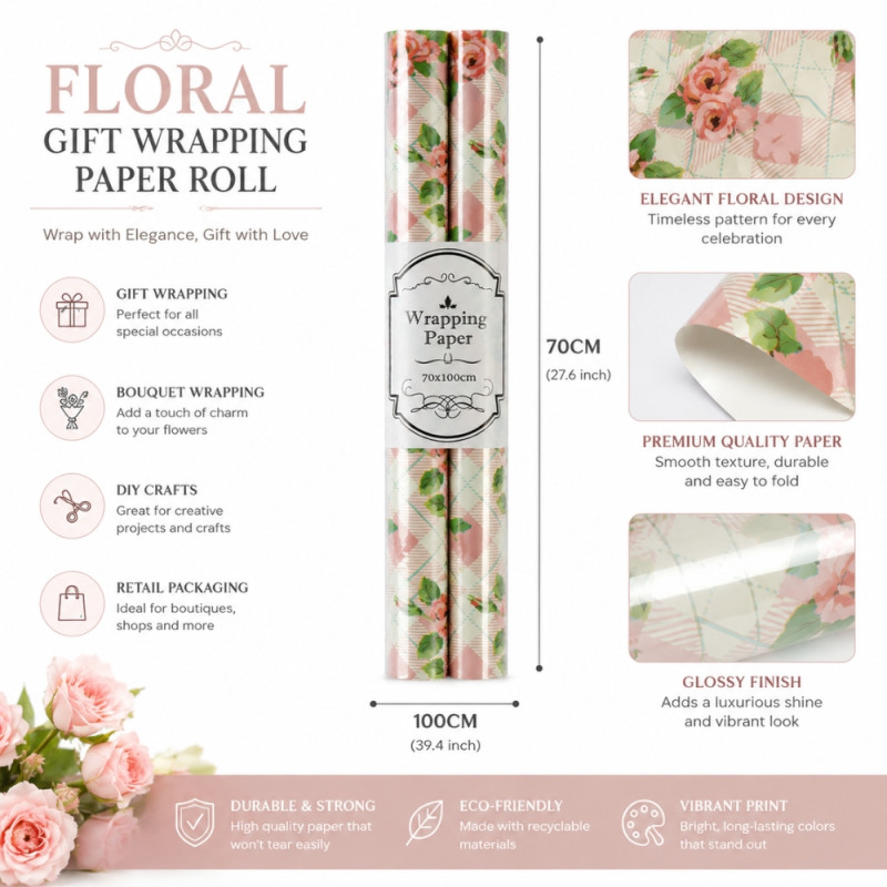 Decorative Rolls of Floral Wrapping Paper Featuring a Pink Rose Design on a Light Background – 70x100cm – Multi-Color