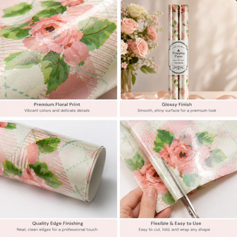 Decorative Rolls of Floral Wrapping Paper Featuring a Pink Rose Design on a Light Background – 70x100cm – Multi-Color