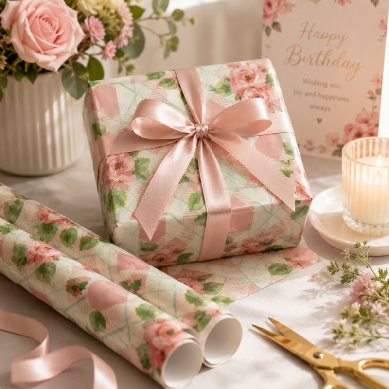 Decorative Rolls of Floral Wrapping Paper Featuring a Pink Rose Design on a Light Background – 70x100cm – Multi-Color