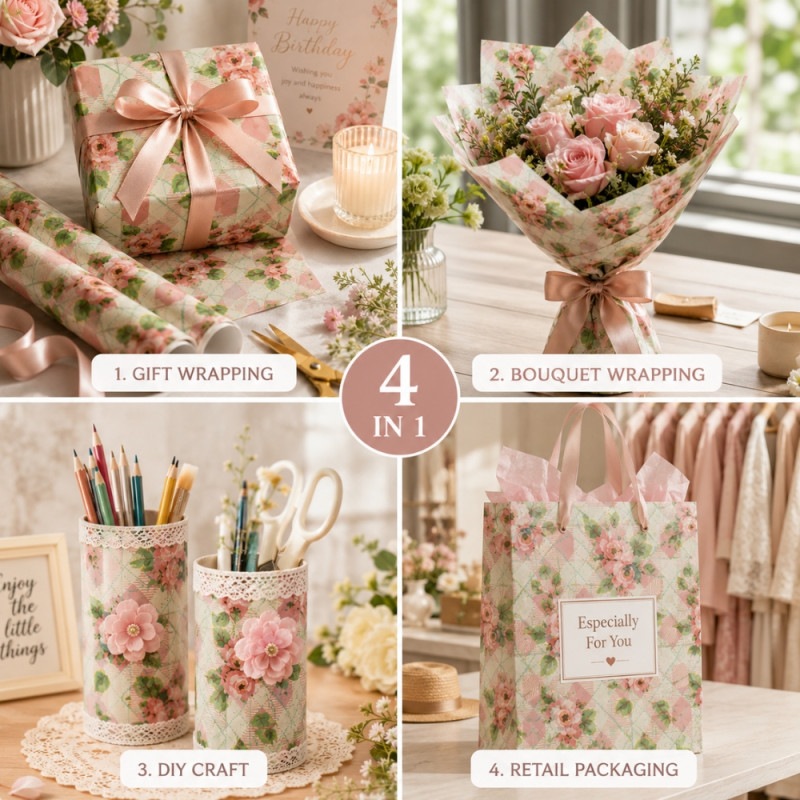 Decorative Rolls of Floral Wrapping Paper Featuring a Pink Rose Design on a Light Background – 70x100cm – Multi-Color