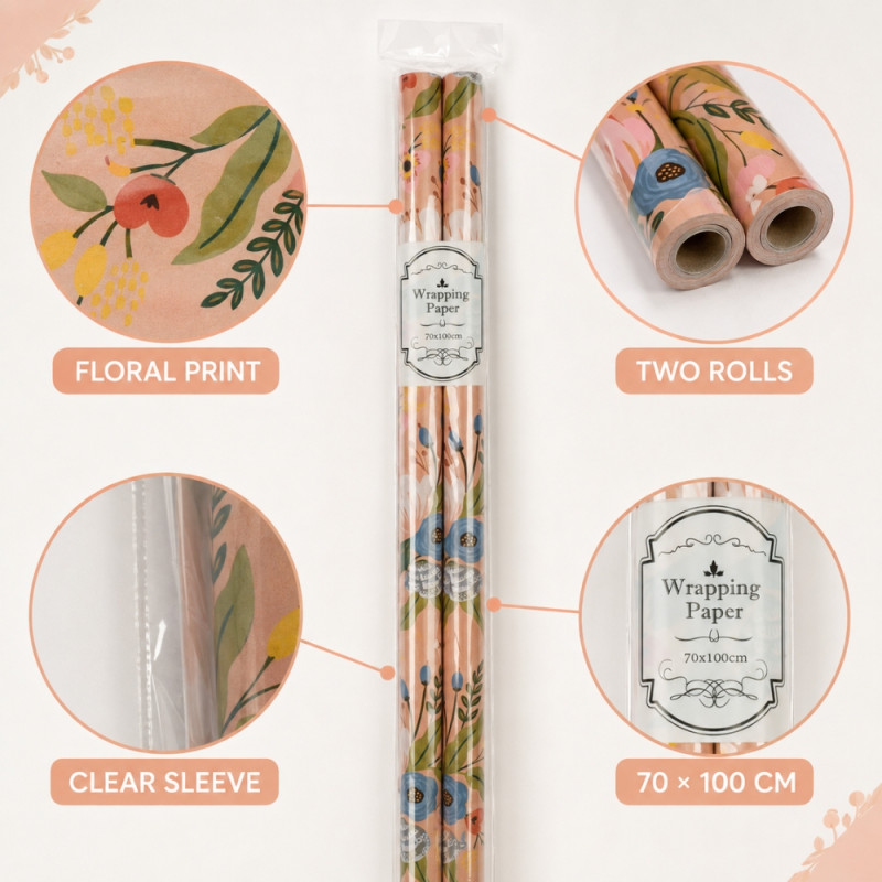 Pink Floral Wrapping Paper Roll Set - 2pcs