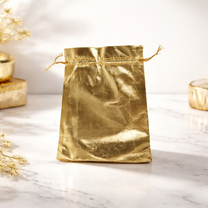 Shimmering Metallic Gold Drawstring Gift Pouch – Reusable Favor Bag (23cm)