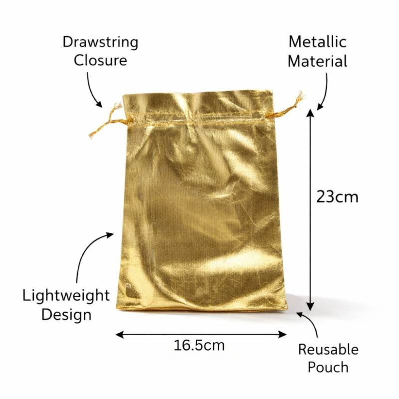 Shimmering Metallic Gold Drawstring Gift Pouch – Reusable Favor Bag (23cm)
