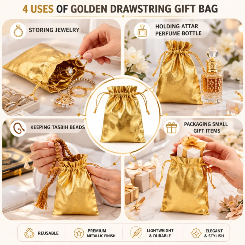 Shimmering Metallic Gold Drawstring Gift Pouch – Reusable Favor Bag (23cm)