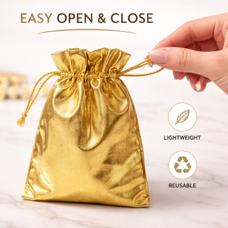 Shimmering Metallic Gold Drawstring Gift Pouch – Reusable Favor Bag (23cm)