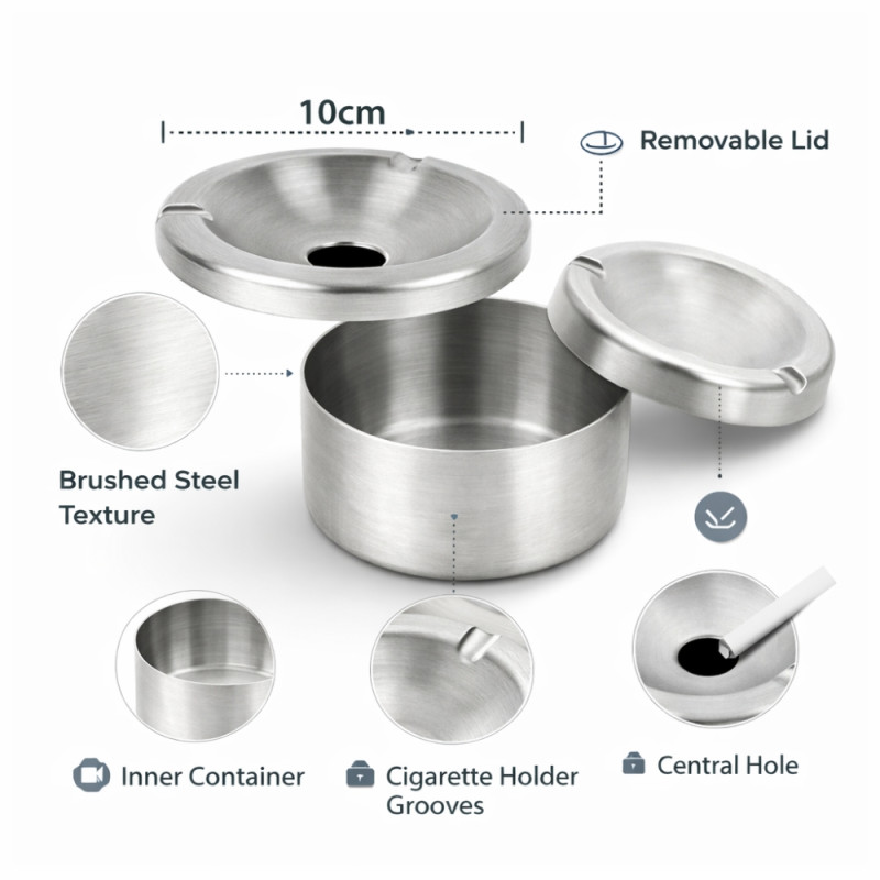 Professional Windproof Stainless Steel Ashtray – Polished Silver (10cm)