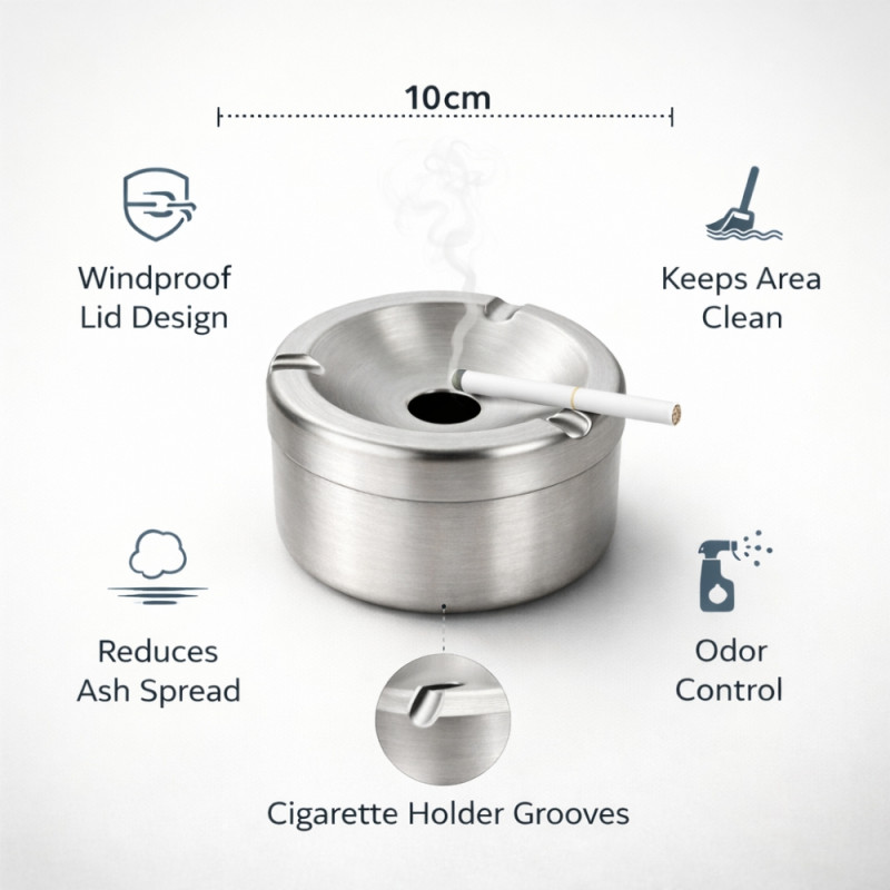 Professional Windproof Stainless Steel Ashtray – Polished Silver (10cm)