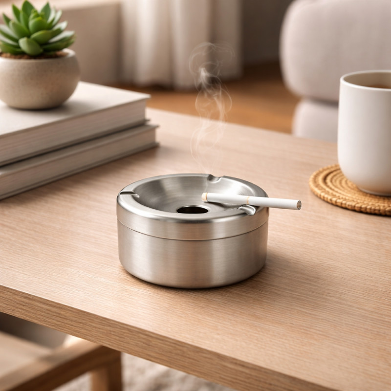 Professional Windproof Stainless Steel Ashtray – Polished Silver (10cm)