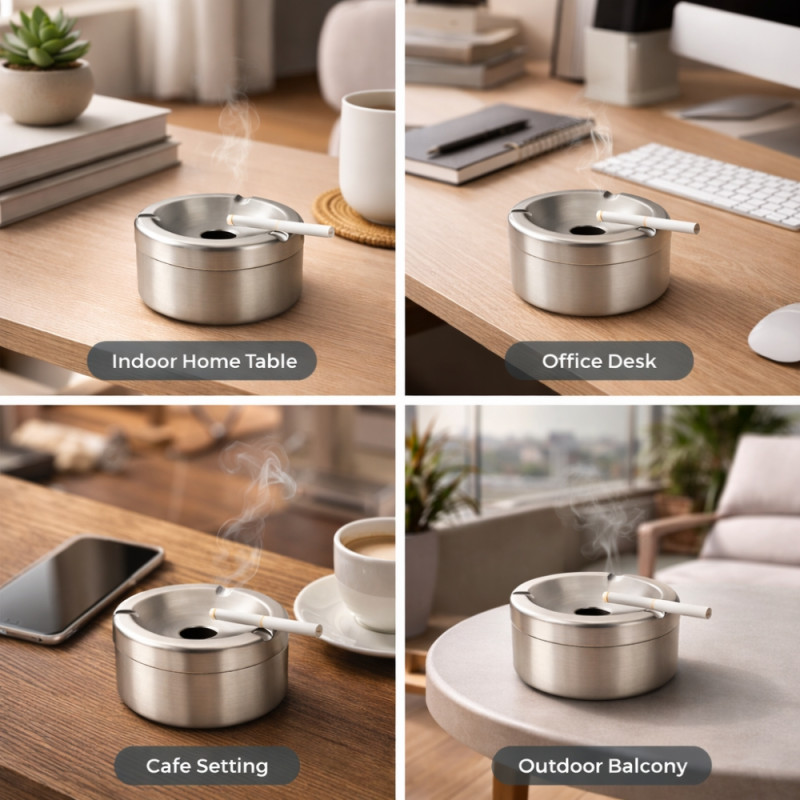 Professional Windproof Stainless Steel Ashtray – Polished Silver (10cm)