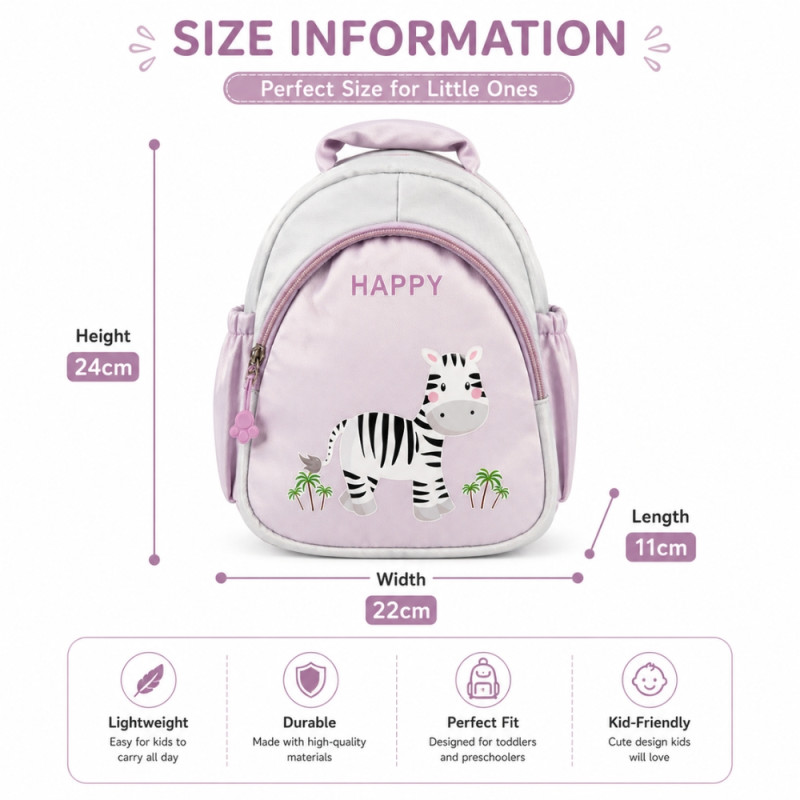 Kids' Zebra-Print Playful Backpack – Light Pink &amp; Off-White (24cm)