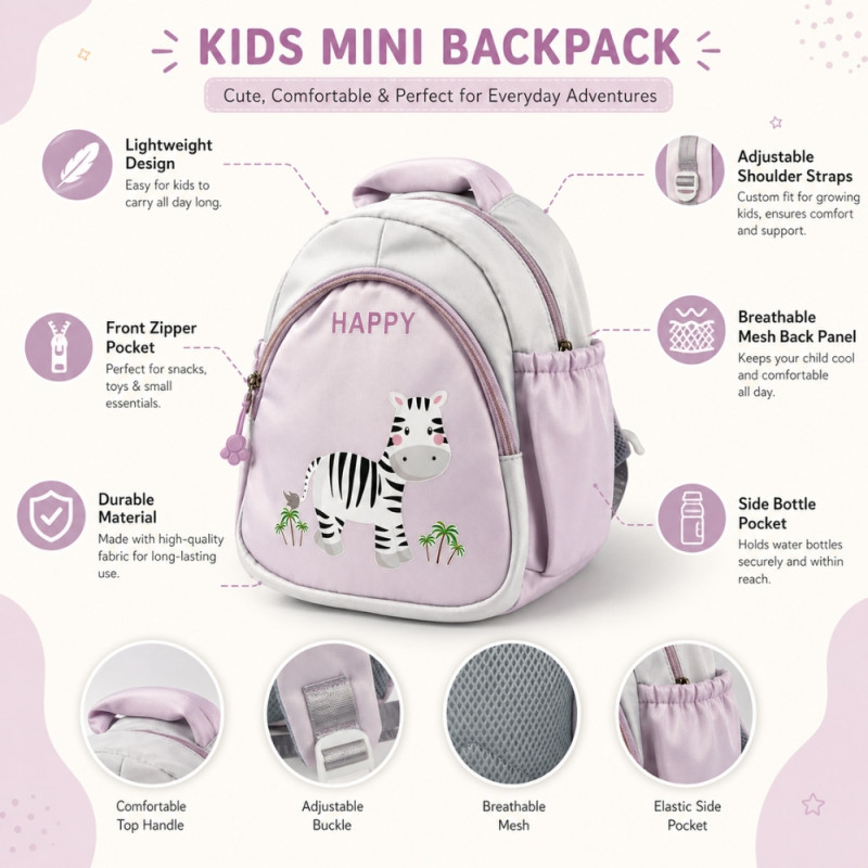 Kids' Zebra-Print Playful Backpack – Light Pink &amp; Off-White (24cm)
