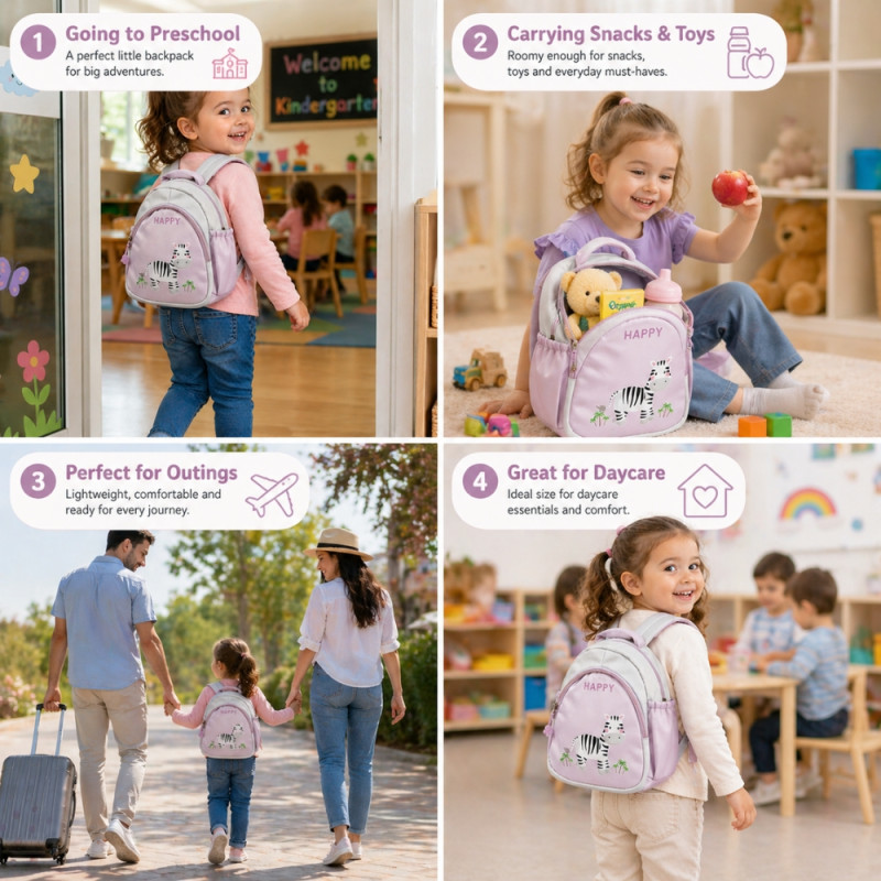 Kids' Zebra-Print Playful Backpack – Light Pink &amp; Off-White (24cm)