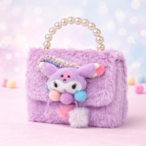Enchanted Lavender Plush Handbag – Pearl Handle & Character Charm (15cm)